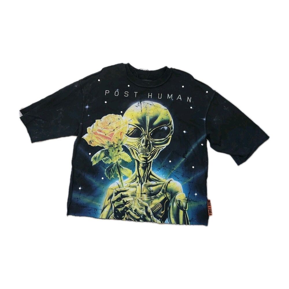 First Row Post Human Alien Graphic T Shirt Oversized Women’s S Black Dual Sided